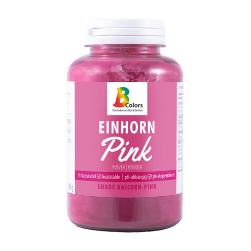 1-2 Taste BColors - Unicorn Pink Natural Food Colour Powder shown in a labeled plastic jar with white lid on white background